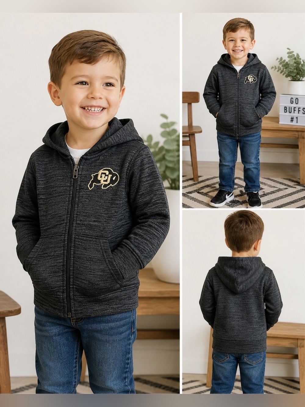 Colosseum Boys' Dark Charcoal Zip Hoodie with Gold CU Logo